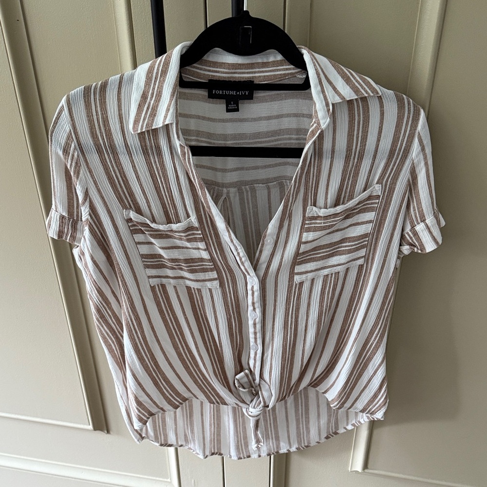 Women's Striped Button Down Shirt - Brown and White